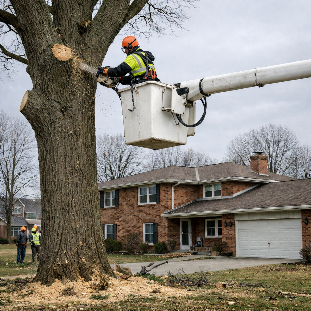 safely cutting tree in boom truck mishawaka