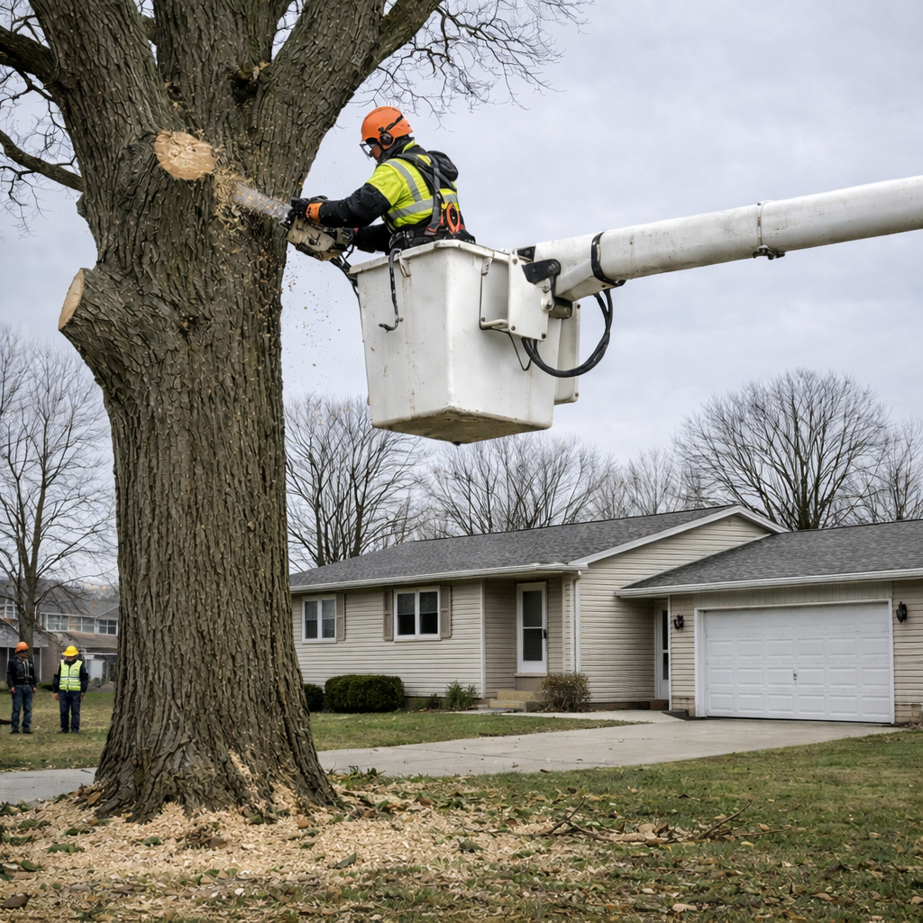Emergency Tree Removal safely cutting tree in boom truck south bend