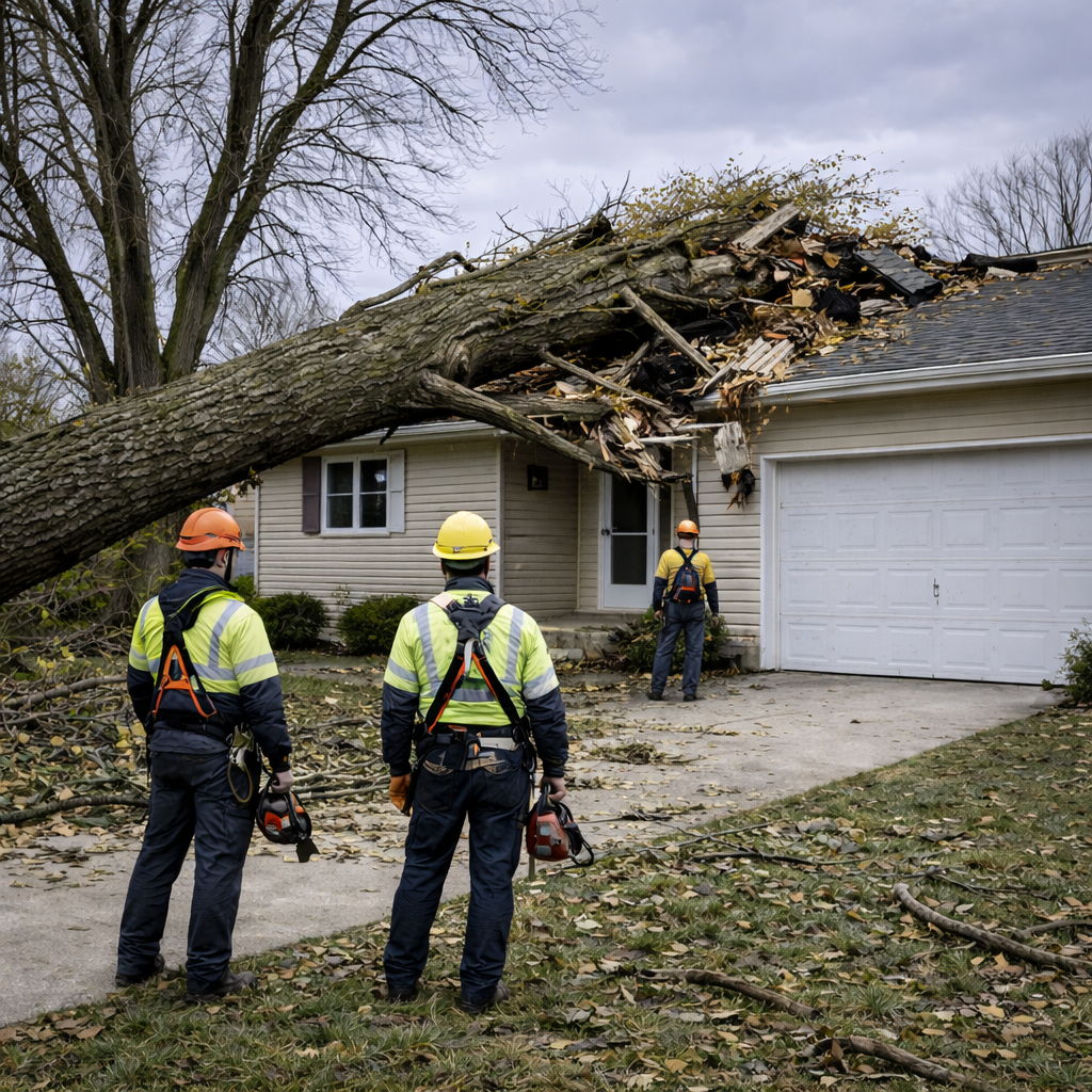 Assessing emergency tree removal from roof of home in Elkhart