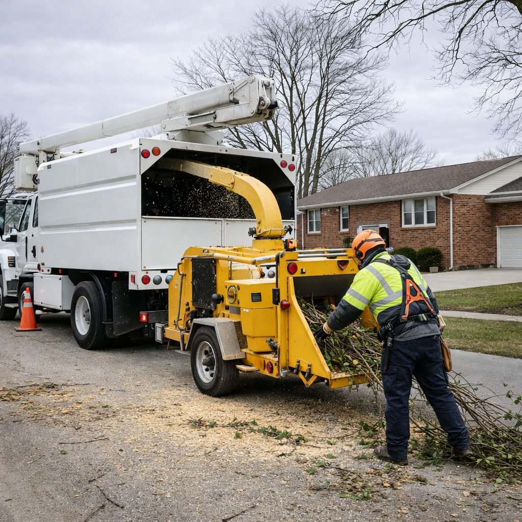 Contractor using wood chipper at home in south bend